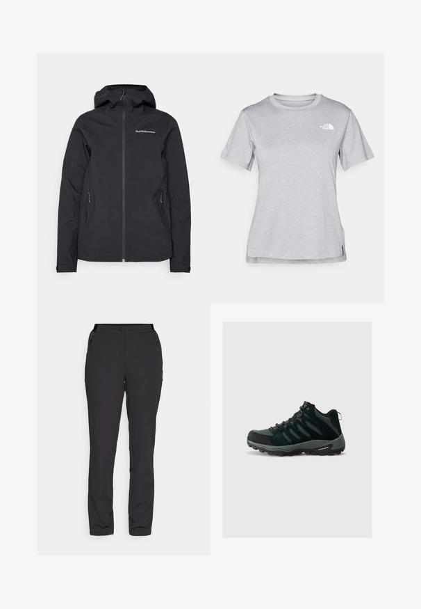 Black waterproof jacket with a hood, front zipper, two side pockets, and logo detailing on the chest. Smooth texture and modern design.; Grey short-sleeve t-shirt made of soft, moisture-wicking fabric. Features a crew neck and a small white logo on the upper left.; Black outdoor pants, made of lightweight fabric, feature a straight leg design, zippered side pockets, and an adjustable waistband.; Columbia REDMOND - Hiking shoes - black/citron haze