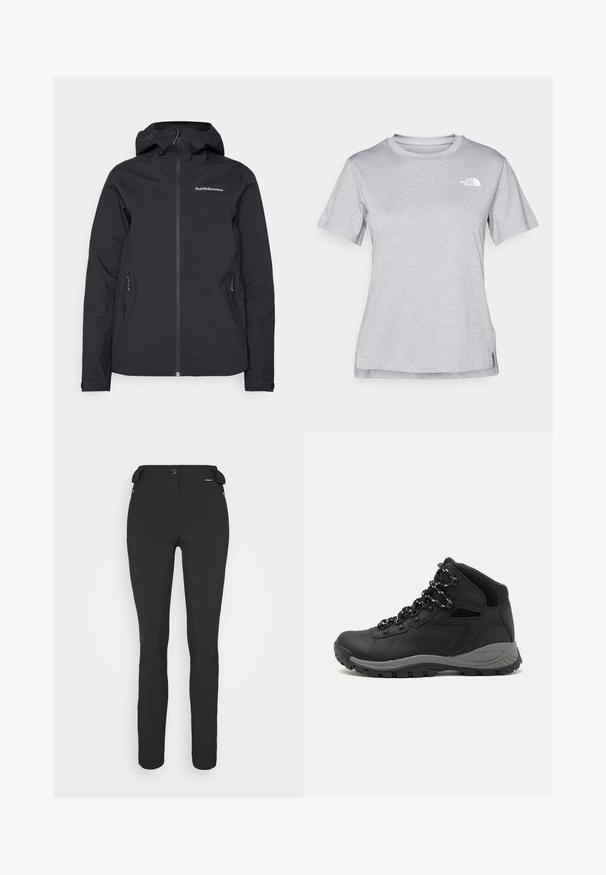 Fekete, vízálló dzseki kapucnival, elülső cipzárral, két oldalsó zsebbel és logós részletezéssel a mellen. Simaság és modern dizájn jellemzi.; Szürke, rövid ujjú póló, puha, nedvességet elvezető anyagból készült. Kerek nyakú, és egy kis fehér logó található a bal felső részen.; Fekete, testhezálló nadrág rugalmas anyagból. Jellemzők: cipzáras oldalzseb, artikulált térdek és sima felület.; Fekete túracipő közepes magasságú kialakítással, texturált felsőrésszel, szürke részletekkel és strapabíró gumitalppal, amelynek tapadós kiemelkedései vannak.