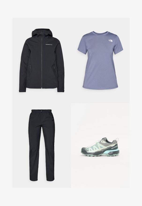 Mustes veekindel jakk kapuutsiga, ees lukuga, kahe küljetaskuga ning logo detailidega rinnal. Sile tekstuur ja kaasaegne disain.; Hele sinine lühikeste varrukatega t-särk, mis on valmistatud pehmest kangast, ümmarguse kaelusega ja vasakul rinnal on väike valge logo.; Must töötlusteid, mustad, kergekaalulised, veekindlad püksid elastse vöökohtaga ja kahe küljetaskuga; sile tekstuur; sirge jala disain.; Kerge matkaravimise king gray ja münti rohelises. Omab võrkkatet, vastupidavat kummitalda ja seotud süsteemi. Brändi logo kannal.