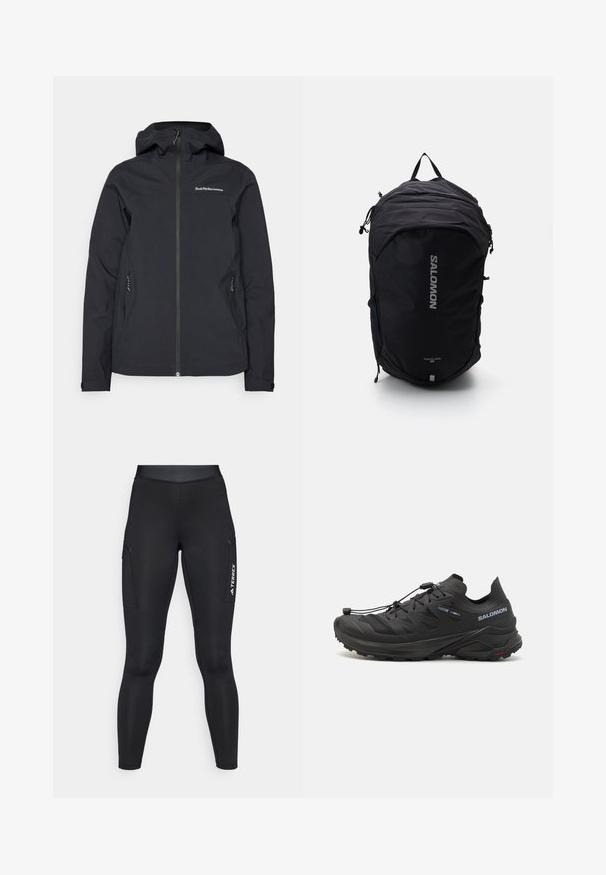 Chaqueta impermeable negra con capucha, cremallera frontal, dos bolsillos laterales y detalles de logotipo en el pecho. Textura suave y diseño moderno.; Camiseta deportiva blanca de manga larga con cuello alto y pequeño logo centrado en el pecho, mostrada sobre un fondo liso.; Leggings atléticos negros con un diseño ajustado, hechos de material elástico. Cuentan con bolsillos laterales y la marca "TERREX" en blanco.; Zapatillas de trail running negras con un upper texturizado, paneles de malla y un sistema de cierre seguro. Cuenta con una suela robusta para mayor tracción.; Mochila negra con un diseño aerodinámico, tejido texturizado, correas ajustables y un prominente logo plateado de "SALOMON" en la parte frontal.