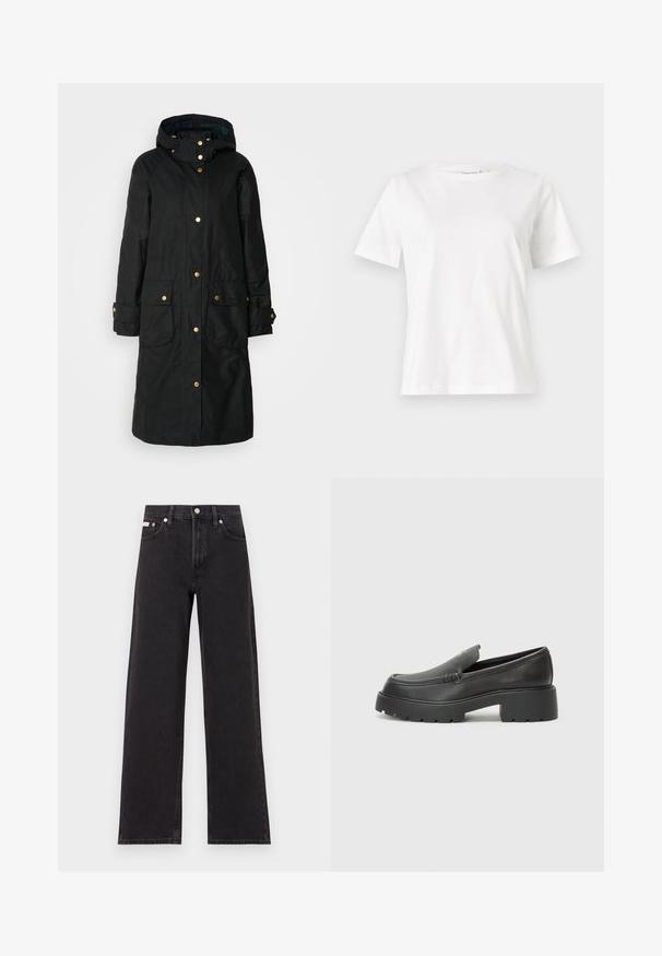 Casaco preto impermeável com capuz, botões de pressão dourados, dois bolsos frontais e um tecido ligeiramente texturizado para isolamento e durabilidade.; T-shirt de algodão branco com mangas curtas, decote redondo e um corte descontraído. Textura suave, sem padrões ou detalhes, design minimalista.; Jeans de perna larga pretos feitos de denim, apresentando uma cintura alta, estilo de cinco bolsos e um fecho em botão de metal com costura contrastante.; Mocassins de couro preto com bico arredondado, sola espessa e texturizada, e detalhes de costura minimalistas. Design elegante sem atacadores ou ferragens visíveis.