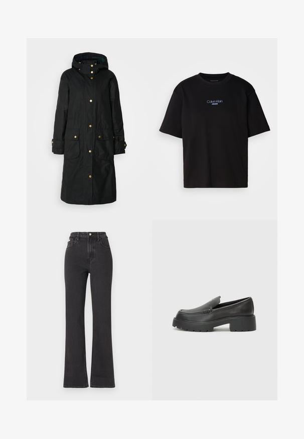 Černý nepromokavý kabát s kapucí, zlatými patentkami, dvěma předními kapsami a mírně strukturovanou tkaninou pro teplo a trvanlivost.; Černé bavlněné tričko s kulatým výstřihem a krátkými rukávy, s modrou vyšitou nášivkou "Calvin Klein JEANS" na přední straně.; Černé vysoké rozšířené džíny z denimu, se zapínáním na knoflík, poutky na opasek a bočními kapsami. Hladká textura s minimálním vyblednutím.; Černé kožené mokasíny s okrouhlou špičkou, silnou strukturovanou podrážkou a minimálními detaily šití. Elegantní design bez viditelných tkaniček nebo kovových prvků.