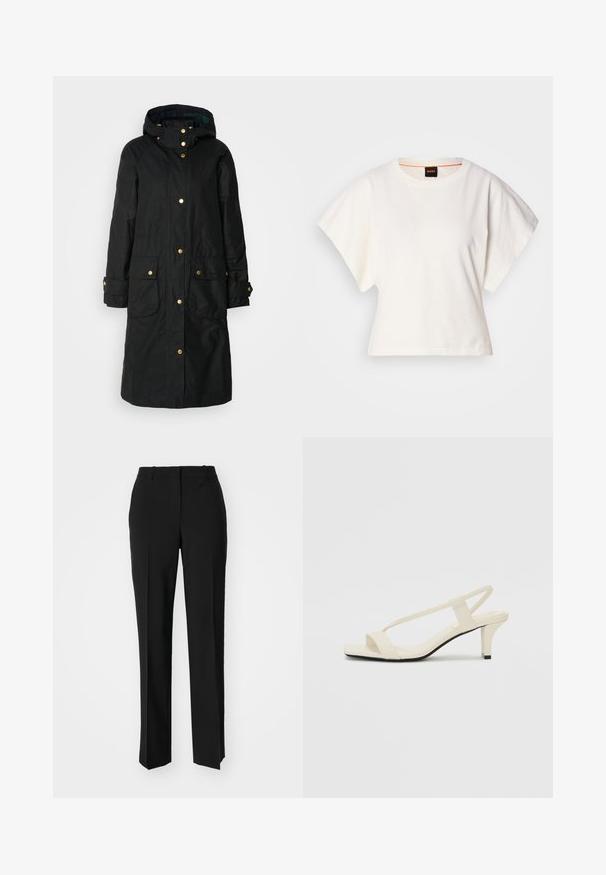 Mustan vettetõrjuva kapuutsiga jope, kullakarva nupukatega, kahe esipocketiga ja kergelt tekstureeritud kangaga soojuse ja vastupidavuse tagamiseks.; Valge lühikeste laiadte varrukatega lühike T-särk, pehme puuvillane materjal, ümar kaelus kergelt oranži ääristusega, minimaalne disain, ilma mustrite ja graafikateta.; Mustad ja sirged püksid, millel on sile tekstuur ja teravad voldid esiosas. Ilma nähtavate detailideta.; Beez blok-kandadesed õhukeste rihmadega ja ruudukujulise varbaga. Sile materjal minimaalsete detailidega, kujundatud mugavaks kandmiseks.