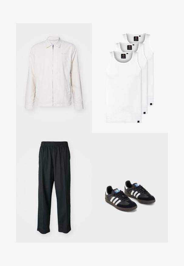 White zip-up jacket made of soft fabric. Features a pointed collar, long sleeves, and subtle branding on the chest.; Three white ribbed tank tops made of cotton. Features a crew neck and small black labels near the hem. Available in multiple sizes.; Black athletic pants with an elastic waistband, made of smooth fabric, featuring subtle side stitching and a relaxed fit, straight leg design.; Black sneakers with a suede and synthetic upper, featuring three white stripes, textured rubber sole, and blue logo tag on the tongue.