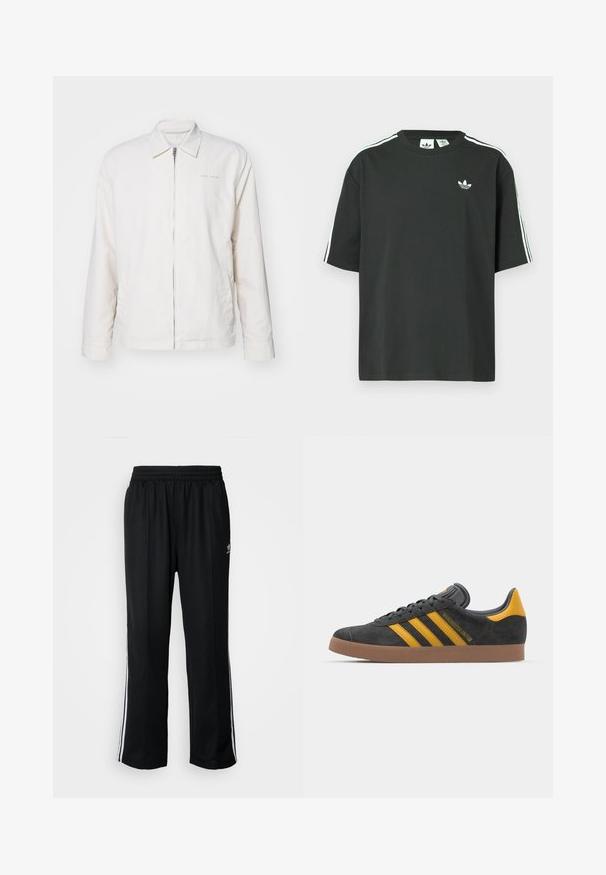Jaqueta branca de fecho éclair feita de tecido macio. Apresenta colarinho pontudo, mangas longas e uma marcação subtil no peito.; T-shirt preta de algodão com mangas curtas, gola redonda e detalhe branco de três riscas nos ombros. Apresenta um pequeno logotipo branco no peito.; Calças atléticas pretas com um cós elástico, apresentando riscas brancas laterais e um pequeno logótipo. O material parece macio e leve.; Tenis em camurça preta com detalhes amarelos, apresentando três riscas e uma sola de borracha castanha. Inclui uma língua acolchoada para maior conforto.