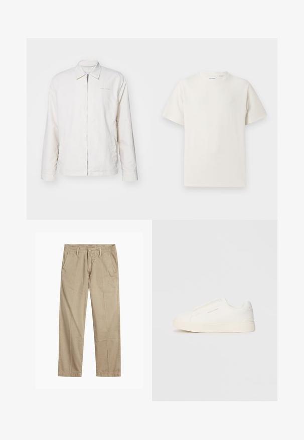 Jaqueta branca de fecho éclair feita de tecido macio. Apresenta colarinho pontudo, mangas longas e uma marcação subtil no peito.; T-shirt branco de manga curta em textura canelada. Gola redonda, ajuste descontraído, sem padrões ou detalhes visíveis. Design simples e versátil.; Chinos bege de perna reta com passantes para cinto, fecho frontal com botão e fecho de correr, e bolsos frontais inclinados.; Sapatilhas brancas de atacar com uma superfície texturizada, sola grossa e design minimalista. Possui o logo da marca na lateral.