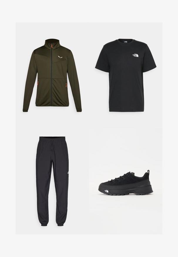 Olive rohelise värvi vetthülgav jakki, mis on valmistatud tekstuursed kangast, mustade aktsentidega, oranž tõmblukuga, kahe külje taskuga ja kõrge kraega.; Musthave musta puuvillane T-särk lühikeste varrukatega, ümmargune kaelus ja väike valge logo vasakul rinnal. Lihtne disain, sile tekstuur ja mugav lõige.; Mustavad sportlikud püksid, mis on valmistatud kergest kangast, joonlauaga taljest, küljetaskudega ja kitsenevate varrukatega pahkluude juures.; Must musta jalats, millel on sametised ülemused, tekstuuriga kummist põhi ja vastupidav sidumise süsteem. Omab tugevdust kannaosas ja brändi logo küljes.