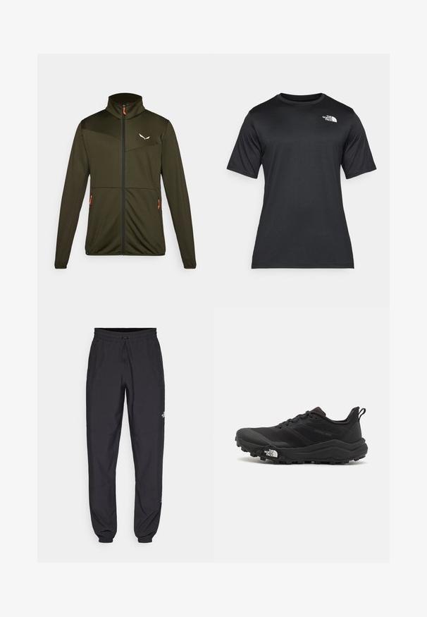 Alyvos žalios zip-up striukė, pagaminta iš tekstūruoto audinio, pasižymi juodais akcentais, oranžiniu užtrauktuku, dviem šoninėmis kišenėmis ir aukšta apykakle.; Juoda trumpų rankovių marškinėliai, pagaminti iš lengvos, drėgmę praleidžiančios medžiagos. Viršuje kairėje krūtinės pusėje yra balta logotipo etiketė, o apykaklė yra klasikinio stiliaus.; Juodos sportinės kelnės, pagamintos iš lengvos medžiagos, su raišteliu liemens srityje, šoniniais kišenėmis ir siaurėjantys apykaklės prie kulkšnies.; Juoda bėgimo batai su tekstūruotu paviršiumi, guma padais ir sustiprinta pirštų dalimi. Yra paminkštinta apykaklė ir kilpos, leidžiančios lengvai užsidėti.