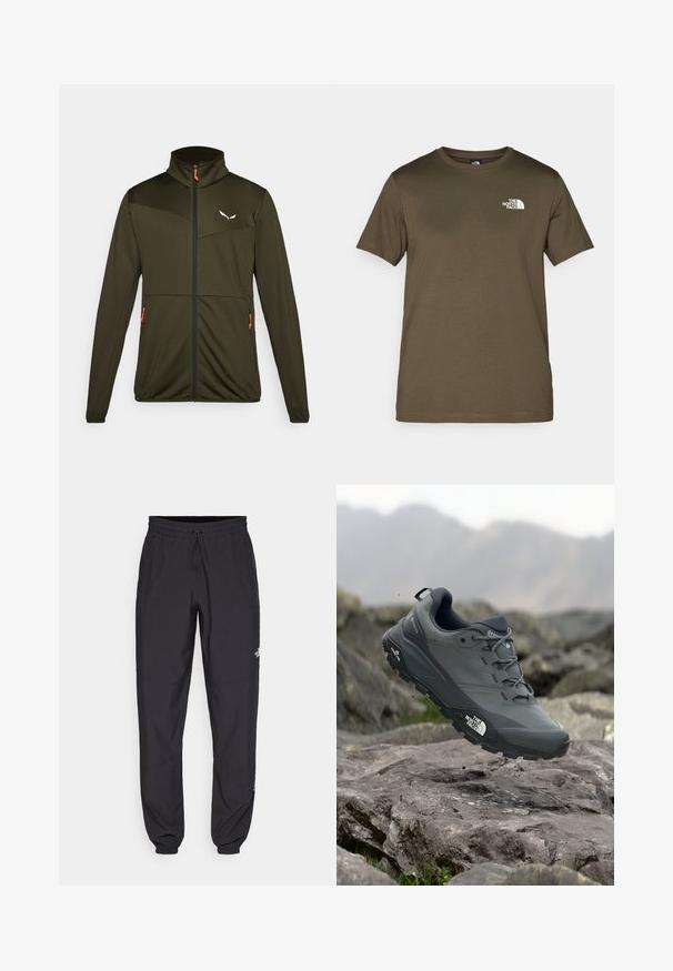 Olive zaļš zip-up džemperis, izgatavots no teksturēta auduma, ar melniem akcentiem, oranžu rāvējslēdzēju, divām sānu kabatām un augstu apkakli.; Olīvzaļa kokvilnas T-kreklā ar īsām piedurknēm, apaļo kakla izgriezumu un baltu logotipu kreisajā krūtīs. Gluda auduma tekstūra, regulāra piegrieze.; Melni sporta bikses, kas izgatavotas no viegla auduma, ar savelcamu jostu, sānu kabatām un sašaurinātiem apakšējiem galiem pie potītēm.; Pelēki skrējēju apavi ar teksturētu virsu, izturīgu gumijas zoli un pastiprinātu pirkstu daļu. Iekļauj šņores un zīmola logo sānos.