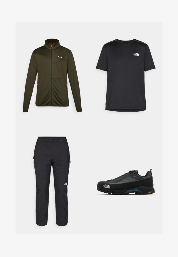 Oliven grøn zip-up jakke, lavet af tekstureret stof, har sorte accenter, en orange lynlås, to sidelommer og en høj krave.; Sort t-shirt med korte ærmer lavet af letvægtsstof. Har et lille hvidt logo på venstre bryst og diskrete skuldrelementer.; The North Face WINTER EXPLORATION TAPERED CARGO - Outdoorbukser - black; The North Face VERTO ALPINE GORE TEX - Hikingsko - asphalt grey/tnf black