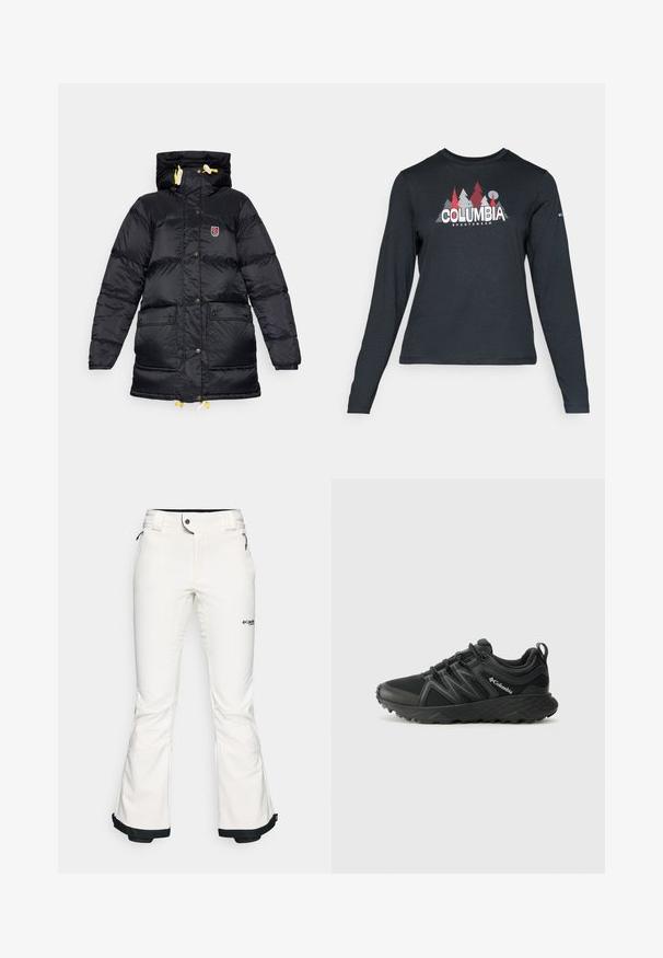 Casaco puffer preto com gola alta, dois bolsos frontais, cordões amarelos e um emblema no peito. Textura suave e brilhante.; Camisa de mangas longas cinza escuro com um gráfico de árvores vermelhas e montanhas; logótipo "COLUMBIA" em texto branco em negrito. Tecido suave, cuello redondo padrão.; Calças de esqui brancas feitas de um material suave e flexível. Apresenta uma cintura ajustada, pernas largas e evasê, e um acabamento preto nas bainhas. Logotipo da marca visível.; Columbia PEAKFREAK - Sapatos de caminhada - black
