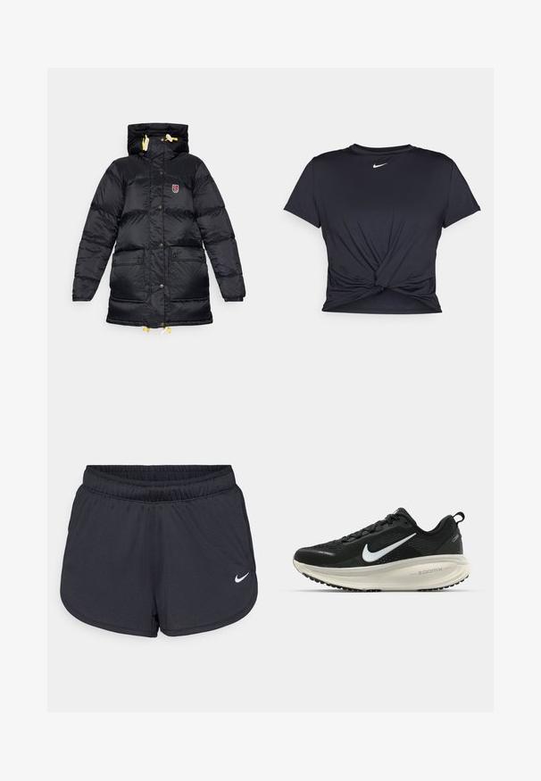 Juodas pūkinis džemperis su aukštu apykakle, dviem priekinėmis kišenėmis, geltonomis virvutėmis ir logotipo pleistru ant krūtinės. Lygus, blizgus paviršius.; Juodas sportinis marškinėlis, pagamintas iš lygios medžiagos, su surišta priekiu ir mažu baltu Nike logotipu ant krūtinės.; Juodos sportinės šortai, pagaminti iš lengvos, kvėpuojančios medžiagos. Turi elastingą juosmenį ir baltą Nike logotipą apatinėje dešinėje pusėje.; Juodas Nike sportinis batelis su kvėpuojančiu tinklu, baltu swoosh logotipu, tekstūruoto dizaino detalėmis ir grietinėlės spalvos ZoomX viduriu.
