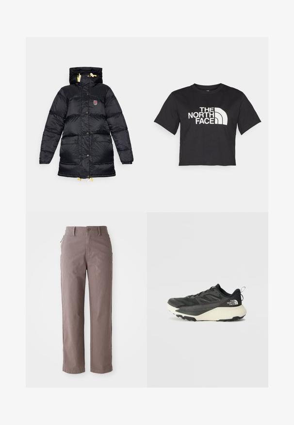 Zwarte pufferjack met een hoge kraag, twee voorzakken, gele trekkoorden en een logopatch op de borst. Glad, glanzende textuur.; Zwarte cropped t-shirt gemaakt van katoen, met een wit logo met gebogen accenten en de tekst "THE NORTH FACE" op de voorkant. Korte mouwen, ronde hals.; Bruine katoenen twill broek met een rechte pijp, voorzien van een knoopsluiting aan de voorkant en zijzakken, met een gladde textuur en strakke lijnen.; Zwarte sportieve schoen met een gestructureerde bovenkant, voorzien van grijze accenten en een witte tussenzool. Inclusief een trekhaak en een opvallend merklogo op de hiel.