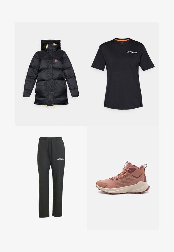 Jachetă puffer neagră cu guler înalt, două buzunare frontale, șnururi galbene și un patch cu logo pe piept. Textură netedă și lucioasă.; Tricou negru cu mânecă scurtă, cu decolteu rotund, având o textură ușor heather și un logo alb "TERREX" pe partea superioară stângă.; Pantaloni negri ușori cu talie elastică. Prezintă un logo subtil "TERREX" în alb. Material neted și design cu picioare drepte.; Și la hiking de culoare roz și vișiniu cu un material texturat, accente contrastante, o talpă căptușită și un model de profil dur pentru aderență.