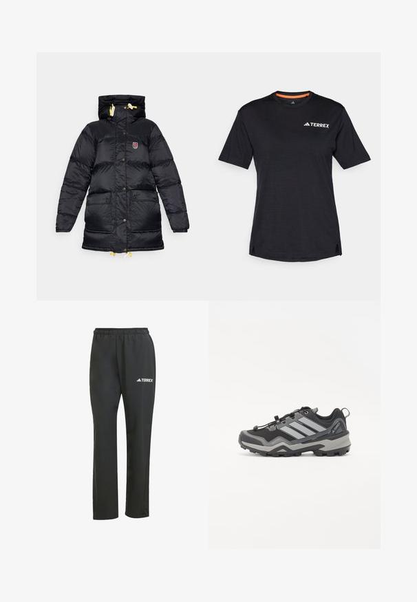 Mustard must jacket kõrge kraega, kahe esimesepoolse taskuga, kollase köidiku ja rinnalogo narmas. Sile, läikiv tekstuur.; Must t-särk lühikeste varrukatega, ümmarguse kaelusega, millel on peen heather struktuur ja valge "TERREX" logo vasakul ülanurgas.; Mustad mustad püksid elastse vöökohtiga. Elegantselt diskreetne valge "TERREX" logo. Sile kangas ja sirge jala disain.; Mustalased ja hallid matkajalanõud tekstuurse pinnaga, kummist tald ning kolm silmapaistvat halli triipu küljel; varustatud kiire paelumise süsteemiga.