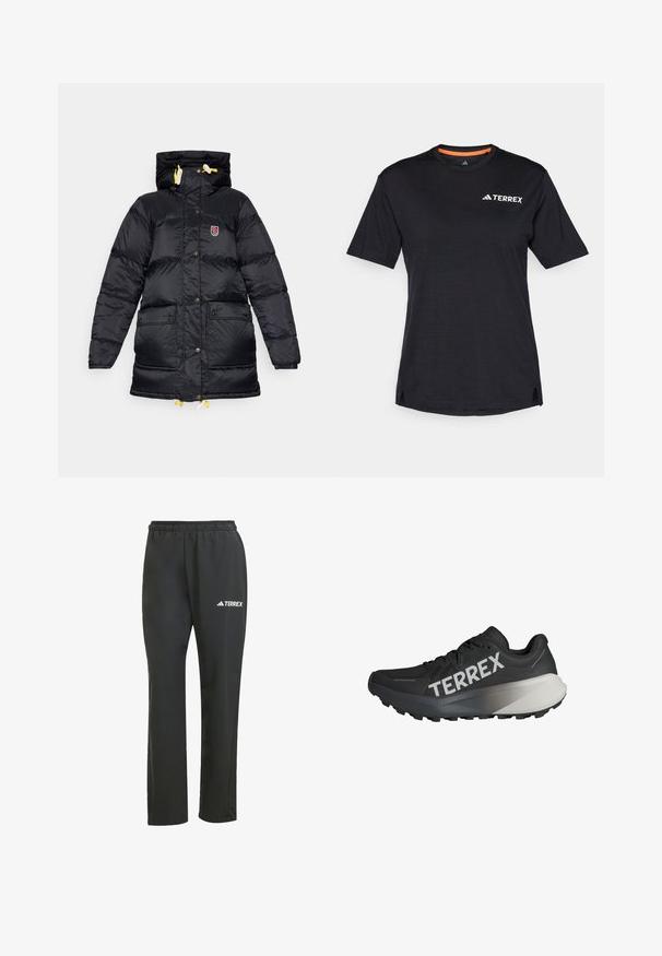Cappotto piumino nero con colletto alto, due tasche frontali, lacci gialli e una toppa con logo sul petto. Texture liscia e lucida.; T-shirt nero a maniche corte con scollo rotondo, caratterizzato da una leggera texture mélange e dal logo bianco "TERREX" sul lato superiore sinistro.; Pantaloni leggeri neri con elastico in vita. Presentano un discreto logo "TERREX" in bianco. Tessuto morbido e design a gamba dritta.; Scarpe da corsa nere con una parte superiore testurizzata, prominente logo "TERREX" in bianco, design del suola affusolato e un accento grigio sfumato sul tallone.