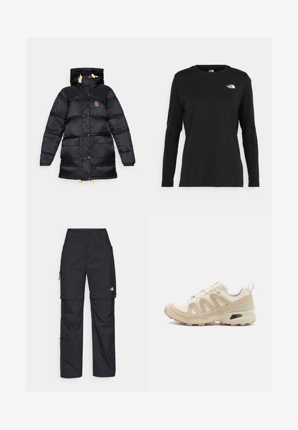 Schwarze Pufferjacke mit hohem Kragen, zwei Fronttaschen, gelben Kordeln und einem Logo-Patch auf der Brust. Glatte, glänzende Textur.; Schwarzes Langarm-T-Shirt aus Baumwolle mit Rundhalsausschnitt. Verfügt über ein kleines weißes Logo auf der linken Brustseite. Einfaches Design und Passform.; Schwarze Nylon-Zip-Off-Cargohosen mit verstellbaren Bündchen, mehreren Taschen und einem Logo am rechten Bein. Glatte, leichte Textur.; Beige und cremefarbenen Sportschuh mit strukturiertem Mesh-Obermaterial, unterstützenden Überzügen und Gummisohle mit einem Profilmuster für Bodenhaftung.