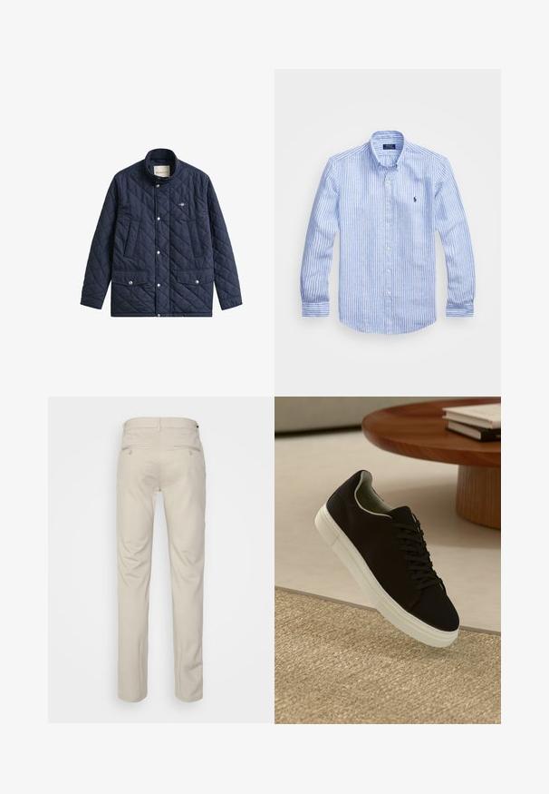 Navy quilted jacket with a high collar, snap buttons, and two front pockets. Features a small logo on the chest. Smooth texture.; Blue and white striped long-sleeve shirt made of cotton, featuring a button-down collar, front buttons, and a small embroidered logo on the chest.; Beige trousers with a smooth texture, straight cut, two back pockets with buttons, and a standard waistband.; Black sneaker with white sole floating above beige textured rug near round wooden table with stacked books.