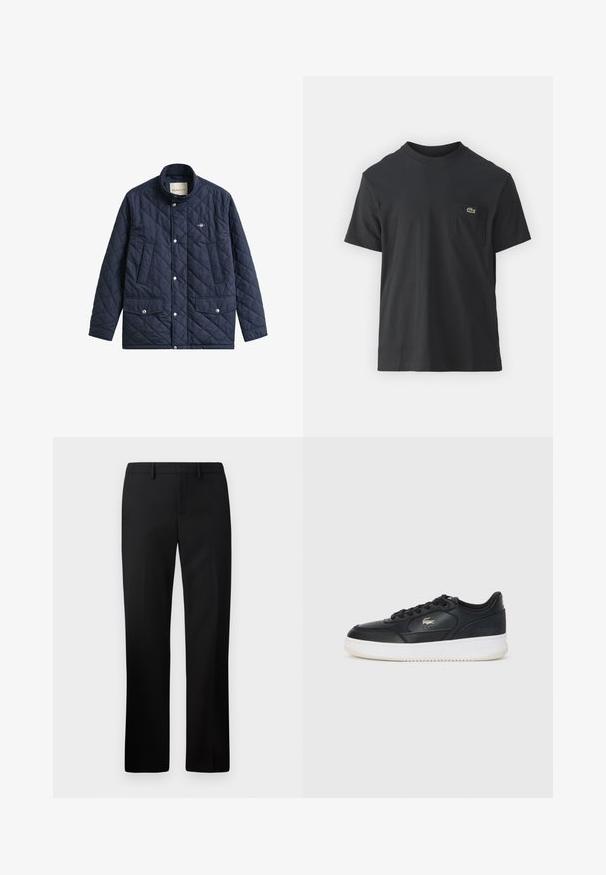 Tumši zila izdūrēta jaka ar augstu apkakli, spiedpogas un divām priekšējām kabatām. Uz krūtīm maza logotipa zīme. Gluda tekstūra.; Melnas kokvilnas T-krekls ar īsām piedurknēm, apaļu kakla izgriezumu un mazu zaļu logotipu kreisajā krūšu kabatē. Vienkāršs dizains, regulāra piegriezuma.; Melnas pielāgotas bikses ar taisnu kāju dizainu, izgatavotas no gludas auduma. Iespējas ietver plakanu priekšpusi un vidēja augstuma jostas vietu.; Melnas ādas tenisa kurpes ar baltu zoli, ar noapaļotu purngalu, saista dizainu un nemanāmu logotipu sānos. Strukturēta virsma.