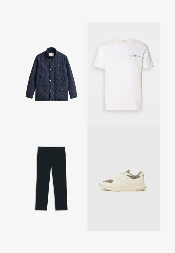 Mörkblå quiltad jacka med hög krage, tryckknappar och två framfickor. Har en liten logga på bröstet. Mjuk yta.; Vit bomull t-shirt med rund halsringning, korta ärmar och tryckt logotyp. Har en minimalistisk design och avslappnad passform.; Mörk marinblå chinos tillverkade av en blandning av bomull. Har bältesloopar, framfickor och en dragkedja med knappstängning.; Vit och ljusbeige atletisk sneaker med ett meshöverdrag, perforerade detaljer och en texturerad mellansula med varumärke på hälen.
