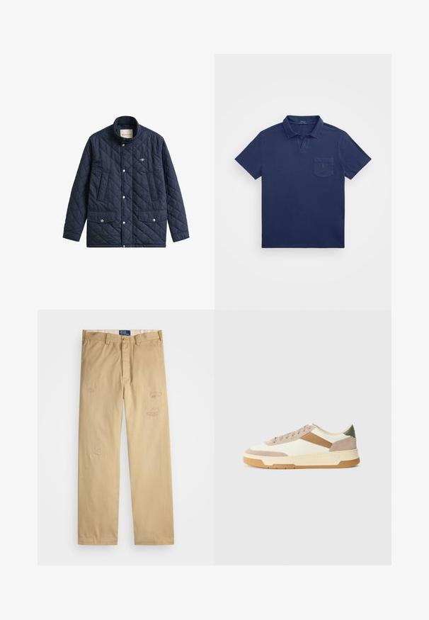 Marineblå quiltet jakke med høy krage, trykknapper og to frontlommer. Har en liten logo på brystet. Glatt tekstur.; Marineblå polo-skjorte med kort krage, brystlomme og brodert logo. Laget av et mykt, teksturert stoff.; Beige bomullsbukser med rett snitt. Har slitte lapper og broderte detaljer foran. Klassisk knapp- og glidelås-lukking.; Sneakers i beige, krem og oliven grønn, med semsket skinn og lærmaterialer, rund tå, minimalistisk design og gummisåle.