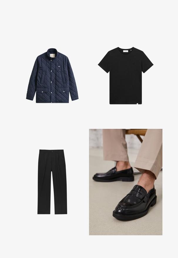 Tmavě modrá prošívaná bunda s vysokým límcem, patentními knoflíky a dvěma předními kapsami. Na hrudi malé logo. Hladká textura.; Černé tričko s krátkým rukávem vyrobené z bavlny, s kulatým výstřihem a malým vyšitým logem na hrudi. Hladká textura, standardní střih.; Černé kalhoty s rovnými nohavicemi, vyrobené z hladké tkaniny. Mají přední záhyby a jedno knoflíkové zapínání v pase.; Černé kožené loafers s hladkým povrchem, zdobené páskem a kontrastním prošíváním, spárované s béžovými kalhotami.