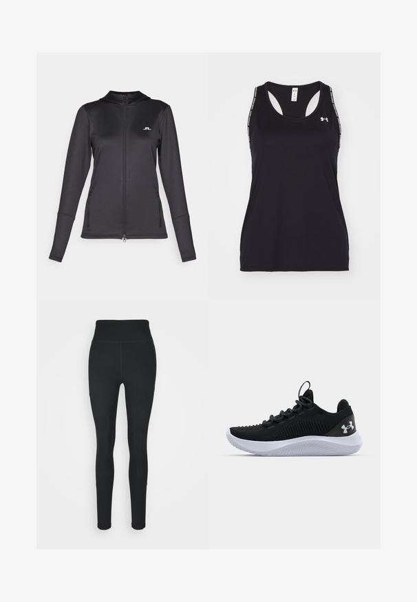 J.LINDEBERG Sports AERIAL FULL ZIP - Sportinė striukė - black; Juodas sportinis marškinėliai be rankovių su apvalia iškirpte ir lenkimo dizainu. Yra logotipas ir raštuotos petnešos. Pagaminta iš lengvo ir kvėpuojančio audinio.; Juodos tamprės, pagamintos iš elastingos medžiagos, su aukštu liemeniu, šoninėmis raukšlėmis ir priglundančia forma, siaurėjančia ties kulkšnimis.; Juodi sportiniai batai su kvėpuojančia tinkline viršutine dalimi, tekstūruotais akcentais ir balto gumos padu. Yra lygios raišteliai ir užkulnio kilpa.