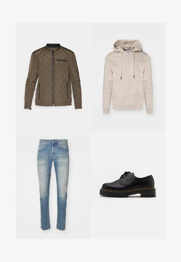 Quiltet olivengrøn jakke med ståkrave, frontlynlås og to sidelommer. Inkluderer en lynlås-lomme på brystet til opbevaring.; Beige zip-up hoodie lavet af blødt stof med hætte der kan justeres, frontlommer og ribbede manchetter og kant. Glat tekstur og minimalistisk design.; Fem t-shirts arrangeret i gradientfarver: beige, olivengrøn, brun, mørkeblå og sort. Lavet af blød bomuld med korte ærmer og rund hals.; Lyseblå denimjeans med falmet finish, diskret slid ved knæene, lige ben-design, fem-lommers stil og metalknaplukning.; Sort læder snøresko med en rund tå, tekstureret gummisål og gule stikninger omkring bunden. Flad design og glat finish.