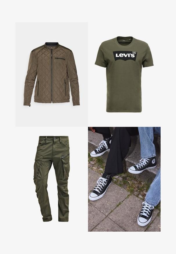Quiltad olivgrön jacka med ståkrage, frontdragkedja och två sidofickor. Inkluderar en ficka på bröstet med dragkedja för förvaring.; Olivgrön bomull t-shirt med en stor svart Levi's-logotyp på framsidan. Klassisk rund halsringning och korta ärmar, slät textur.; Olivgrön cargobyxor tillverkade av slitstark bomull. Har flera fickor, en ficka med dragkedja på sidan, och avsmalnande ben med en något strukturerad yta.; Svarta högtopps kanvasskor med vita gummisulor och snören, med en cirkulär logotyp på sidan och kombinerade med jeans och svarta byxor.