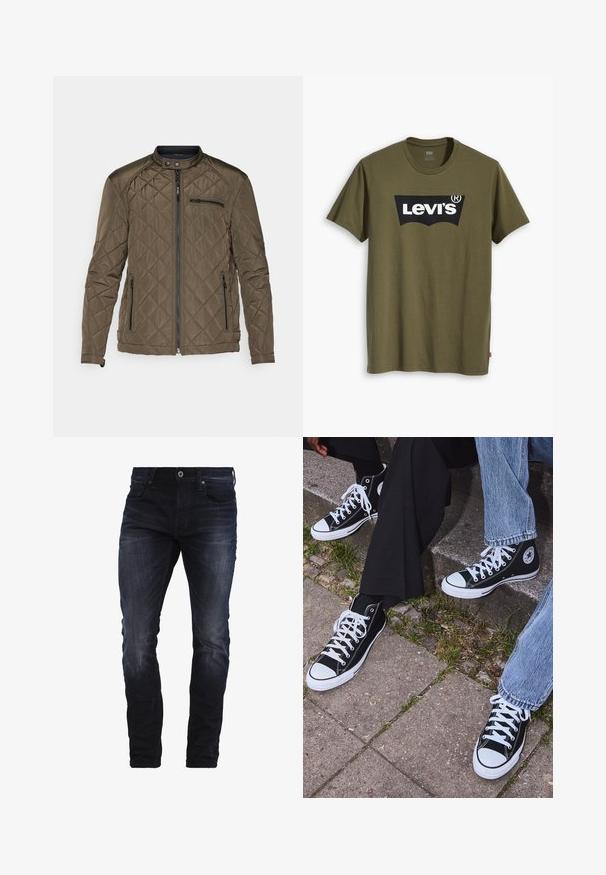 Quiltet olivengrøn jakke med ståkrave, frontlynlås og to sidelommer. Inkluderer en lynlås-lomme på brystet til opbevaring.; Olivengrøn bomuld T-shirt med stort sort Levi's-logo i en kontrasterende, halvcirkelformet bue hen over brystet. Almindelig pasform.; Mørkeblå slim-fit jeans med let slid på lårene og knæene, med forlommer, bæltestropper og knaplukning.; Sorte høje canvas sneakers med hvide gummisåler og snørebånd, prydet med et cirkulært logo på siden og parret med denim og sorte bukser.