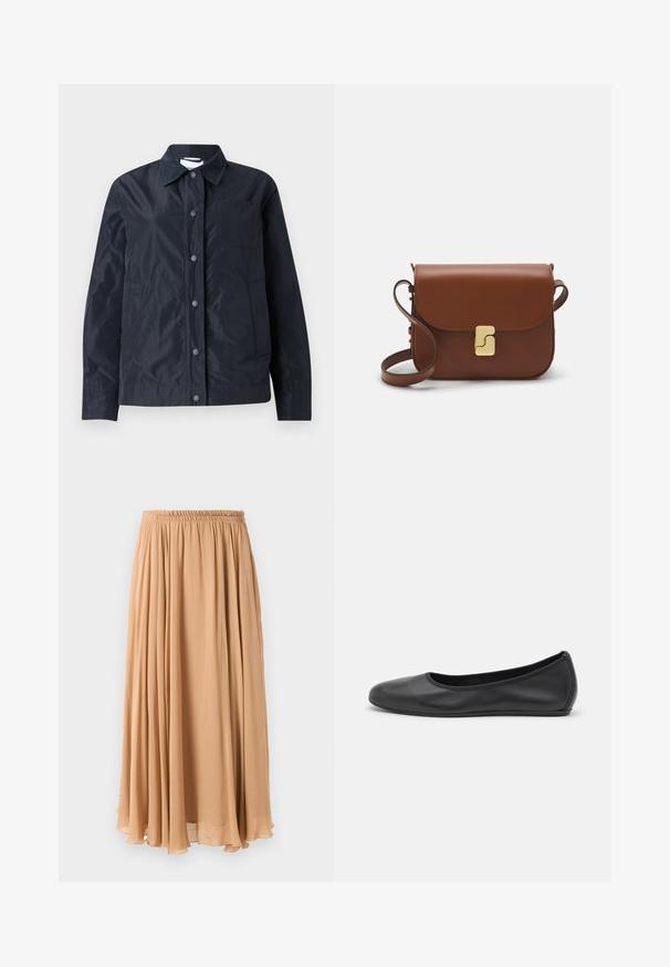 Námořnická modrá, lehká, waterproof bunda s uzávěrem na cvoky, špičatým límcem, dvěma bočními kapsami a kapsou na hrudi. Hladký povrch.; Světle béžový zkrácený svetr s doplňkovým zipem a imitací límce, zdobený texturovaným vzorem a pletenými manžetami a lemem. Kombinuje pletené a tkané materiály.; Maxi sukně ve světle béžové barvě, vyrobená z lehké tkaniny. Má nařasený elastický pas a jemné sklady pro pohodlný pohyb.; Černé kožené baletní byty s kulatou špičkou, hladkou texturou, minimálními švy a flexibilním designem podrážky.; Hnědá kožená kabelka s klopou, zlatými kovovými detaily, ramenním popruhem a hladkým povrchem. Kompaktní obdélníkový tvar.