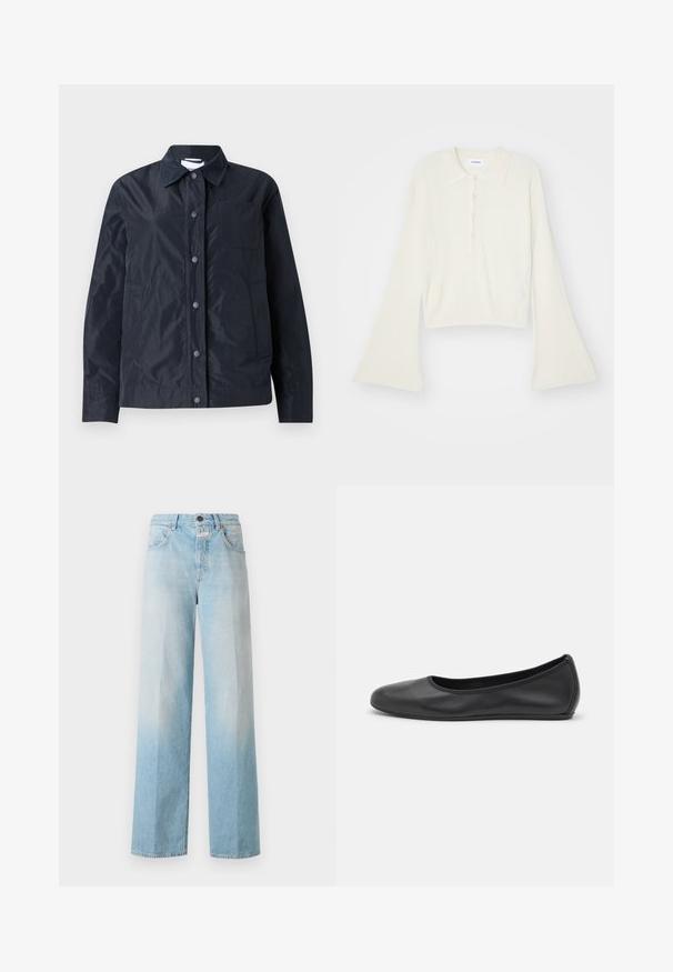 Meriharmaa, kevyt, vettä hylkivä takki, jossa on napitus, terävä kaulus, kaksi sivutaskua ja rintatasku. Sileä pinta.; Raitaleva, kerma värinen polo-paita pitkillä, levenevillä hihoilla ja viiden napin listalla. Varustettu pehmeätekstuurisella kauluksella.; Vaaleansiniset farkut leveillä lahkeilla, joissa on haalistunut gradientti, klassinen viisi-taskumalli ja metallinen nappisulku.; Musta nahkainen ballerina, jossa on pyöristetty kärki, sileä pinta, minimaalinen ommelkoristelu ja joustava pohjamuotoilu.