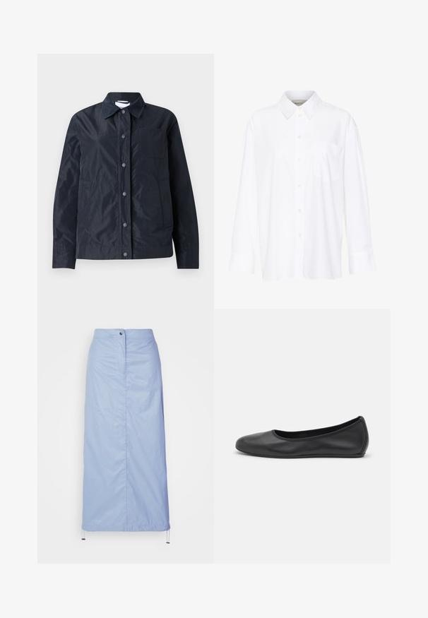 Mornarsko plava, lagana, vodootporna jakna s preklopnim kopčanjem, šiljastim ovratnikom, dva bočna džepa i džepom na prsima. Glatka tekstura.; Bijela košulja dugih rukava s kragnom, izrađena od pamuka. Ima kopčanje s gumbima sprijeda i jednu džep na prsima. Glatka tekstura, ležeran kroj.; Svijetloplava suknja srednje dužine izrađena od glatkog, laganog materijala s ravnim krojem, ima prednje dugme za zatvaranje i vezicu na rubu.; Crne kožne baletanke s zaobljenim vrhom, glatke teksture, minimalnim detaljima šavova i fleksibilnim dizajnom potplata.