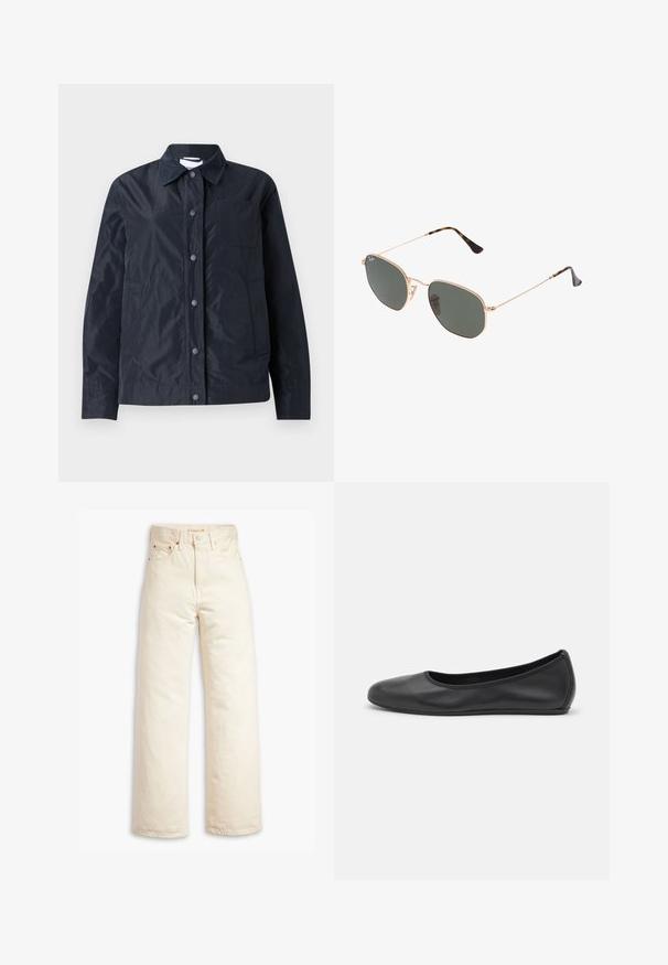 Navyblaue, leichte, wasserdichte Jacke mit Druckknopfverschluss, spitzem Kragen, zwei Seitentaschen und einer Brusttasche. Glatte Textur.; Braunes Baumwoll-T-Shirt mit kurzen Raglanärmeln, rundem Halsausschnitt und lockerer Passform. Das Shirt hat eine einfarbige Gestaltung ohne Muster oder Akzente.; Beige weite Jeans aus Baumwoll-Denim. Merkmale umfassen eine hohe Taille, Knopfverschluss und Fünf-Taschen-Design. Glatte, langlebige Textur.; Schwarze Leder-Ballettschuhe mit abgerundeter Spitze, glatter Textur, minimalen Nähdetails und einem flexiblen Sohlen-Design.; Goldfarbene Metallrahmen-Sonnenbrillen mit dunkelgrünen Gläsern im Pilotenstil, mit schlanken Bügeln und Schildpatt-Akzenten an den Spitzen.; Schwarze synthetische Schultertasche mit geschwungenem Silhouette, strukturiertem Finish, goldenem Dreiecks-Logo und abnehmbaren Hardware-Akzenten.