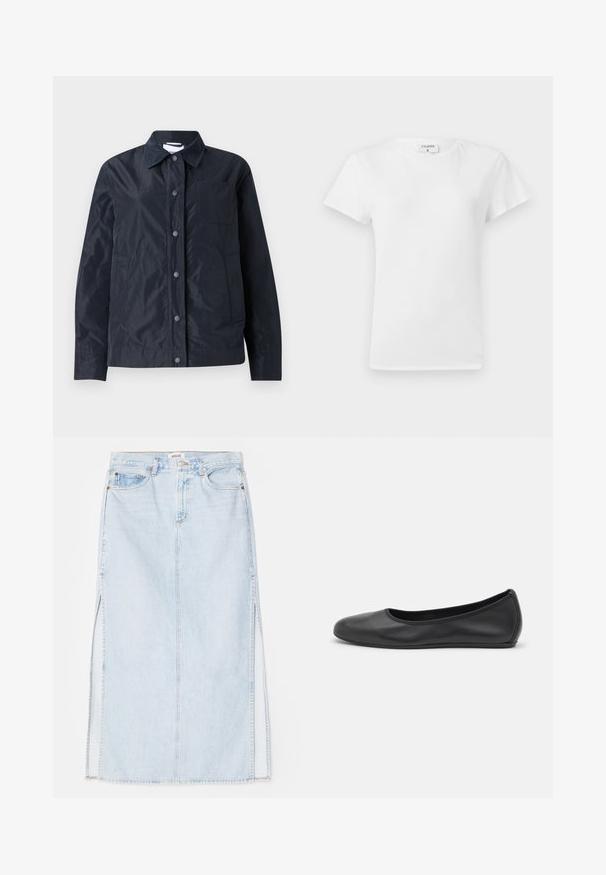 Navy blue, lightweight, waterproof jacket with a snap button closure, pointed collar, two side pockets, and a chest pocket. Smooth texture.; White cotton t-shirt with a crew neckline and short sleeves, featuring a relaxed fit and minimalistic design. Tag visible at the neck.; Light blue denim maxi skirt with a straight cut, featuring side slits and five-pocket design. Prominent stitching and metal button closure.; Black leather ballet flat with a rounded toe, smooth texture, minimal stitching detail, and a flexible sole design.