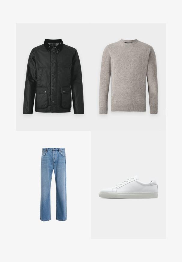 Black waterproof jacket with a velvety collar, snap buttons, two front pockets, and a soft texture. Features a plaid lining.; Light gray knitted sweater with a crew neckline, long sleeves, and ribbed cuffs and hem. Textured pattern with flecks of color.; Light blue denim jeans with a straight-leg design, five pockets, button closure, minimal fading, and contrasting stitching details.; White sneaker with a smooth leather upper and a low profile. Features a rounded toe, six eyelets, and a textured rubber sole.