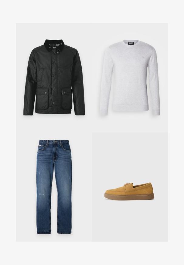 Black waterproof jacket with a velvety collar, snap buttons, two front pockets, and a soft texture. Features a plaid lining.; Light gray knitted sweater with long sleeves, round neckline, and a small logo embroidered on the chest. Soft texture, casual design.; Blue denim jeans with a straight leg design. Features faded areas and light distressing on the front, with a classic button closure.; Brown suede slip-on shoes with a textured finish, round toe, and contrasting rubber sole. Features subtle branding near the heel.