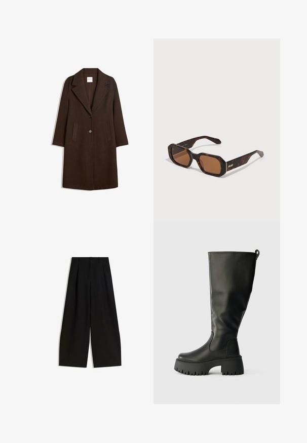 Brązowy płaszcz z mieszanki wełny z klapami, dwoma przednimi kieszeniami i zapięciem na jeden guzik. Prosty krój z długimi rękawami.; Czarny, długi sweter z dzianiny z ribbowanymi mankietami i dołem, okrągłym dekoltem oraz małą białą metką marki wewnątrz kołnierza.; Czarne spodnie szerokie z gładkiego materiału, z wysokim stanem, plisami z przodu i bez widocznych ozdób czy wzorów.; Czarny, gumowy trzewik do kolan z grubą podeszwą, gładką teksturą i pętlą z tyłu ułatwiającą zakładanie. Okrągły nos.; Okulary przeciwsłoneczne w wzór żółwi, z heksagonalną oprawą, brązowymi soczewkami i złotym logo 'QUAY' na ramieniu. Gładka faktura, solidna konstrukcja.; Liebeskind Berlin KAYLA czarny