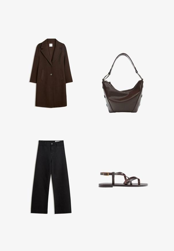 Rjav plaščič iz volnenega materiala s poševnim ovratnikom, dvema sprednjima žepoma in enim gumbom za zapiranje. Ravnilo kroj s dolgimi rokavi.; Rjava kratka majica s kratkimi rokavi iz mehkega materiala, s krožnim izrezom in ohlapnim krojem. Brez vidnih vzorcev ali dodatkov.; Črne široke denim hlače z visokim pasom, ki imajo sprednje in zadnje žepe, šivane šive ter gumbasto zapiranje. Gladka tekstura.; Rjav usnjen sandal z načinom prečnega črta, zaklepom okoli gležnja in ravnim podplatom z minimalnimi šivi.; Temna rjava usnjena torbica s ukrivljeno obliko, z zadrgo in kratko ročico. Ima kovinske dodatke in okrasne črne gumbe na strani.