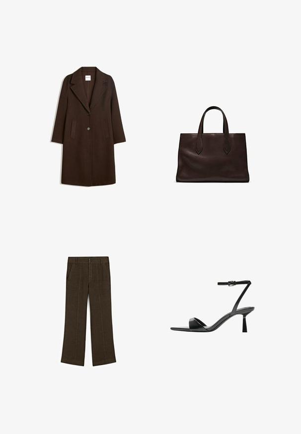 Brun ullblandad kappa med uppvikt krage, två framfickor och en enkel knappstängning. Rakt snitt med långa ärmar.; Brun bomull t-shirt, korta ärmar, rund halsringning, avslappnad passform, slät textur, minimalistisk design, inga synliga mönster eller accenter.; Bruna linbyxor med en avslappnad passform, med dragkedja och knappstängning, samt två framfickor. Tyget verkar lätt och ventilerande.; Bershka Sandaletter - black; Brun läder tote-väska med två avlånga handtag, strukturerad rektangulär form, slät textur och subtila sömdetaljer.