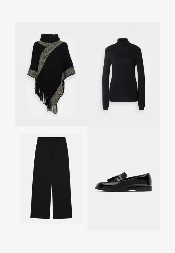 Svart poncho med hög halsringning, med en diagonalt ljusgrå vävd rand och fransiga kanter. Tillverkad av mjukt, texturerat tyg.; Svart polotröja gjord av ett mjukt stuckt tyg, med lång ärm och en figurnära silhuett samt ribbad krage och fåll.; Breda svarta byxor i ett mjukt tyg. Har en platt midja med bälteshällor och inga synliga fickor. Enkelt design.; Svarta lackläderloafers med platt häl, med en fransdetalj och slät yta, designade med rund tå och subtil sömnad.
