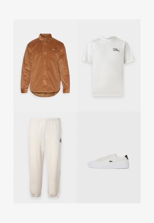 Brūns korduroju krekls ar klasisko apkakli, pogu aizdari, garām piedurknēm un mazu zaļu Lacoste logotipu uz kreisās krūtis. Strukturēta virsma.; Balts kokvilnas T-krekls ar apaļu kakla izgriezumu, īsām piedurknēm un mazu izšūtu logo ar kalniem un tekstu kreisajā krūtīs.; Gaiši bēši kokvilnas sporta bikses ar elastīgu jostu, ribotām apakšmalām un zaļu logotipu ar lapu dizainu kreisajā kājā.; Baltas ādas sporta apavu modelis ar noapaļotu purngalu, sasienamu priekšpusi un melnu papēža akcentu. Satur nelielu izšūtu krokodila logo sānos.