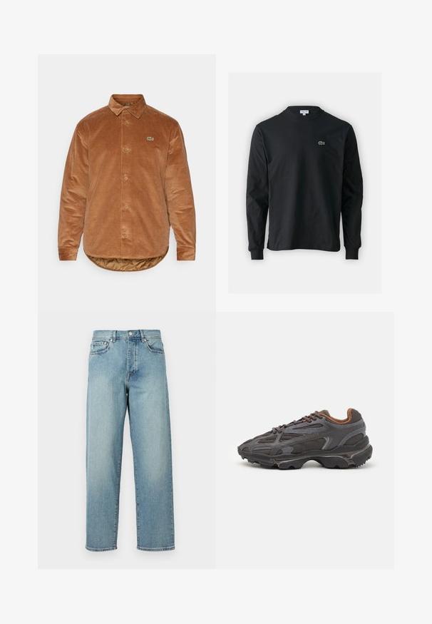 Rjav korduroj srajc z klasikim ovratnikom, gumbnim zapiranjem, dolgimi rokavi in majhnim zelenim logotipom Lacoste na levem prsnem delu. Teksturna površina.; Črna dolgi rokavi majica iz bombaža, z okroglim ovratnikom in majhnim zelenim vezenim logotipom krokodila na levem prsnem delu.; Svetlo modri jeans z ohlapnim krojem, ravnimi hlačnicami, petimi žepi in gumbom za zapiranje pri pasu. Minimalistični detajli šivanja.; Lacoste teniske v temno sivi barvi z mrežasto in sintetično prevleko, s teksturiranim podplatom in rjavimi detajli na ovratniku ter blagovni znamki.