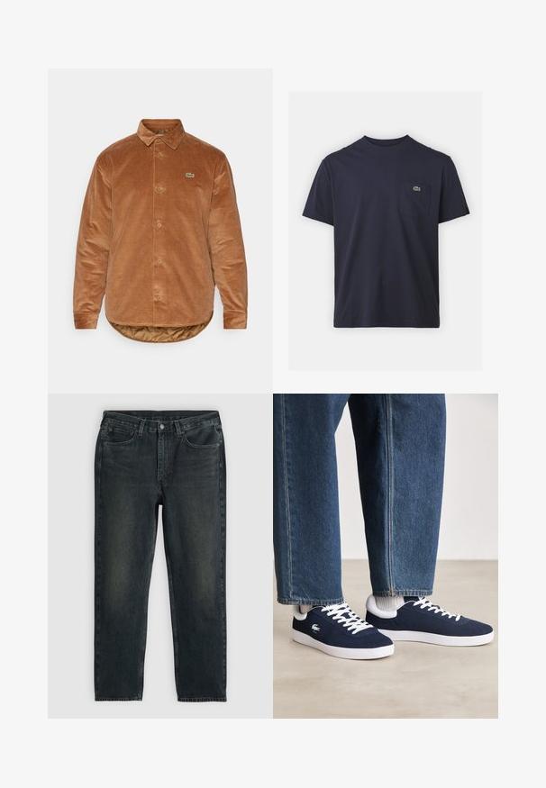 Camisa de debrum castanha com colarinho clássico, fecho com botões, mangas longas e um pequeno logótipo verde da Lacoste no lado esquerdo do peito. Superfície texturizada.; T-shirt de algodão azul-marinho com decote redondo e mangas curtas. Apresenta um pequeno logo verde no bolso esquerdo do peito. Textura suave.; Jeans de denim azul-escuro com corte reto, apresentando cinco bolsos, fecho de zip e costura em contraste. Desgaste sutil no tecido.; Sapatilhas de tela azuis com atacadores brancos e solas de borracha, exibidas com calças de ganga e meios cinza canelados, sobre uma superfície cinza clara.