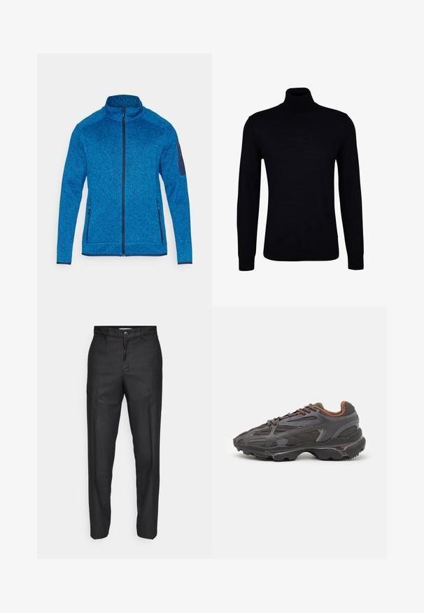 CMP Fleecová bunda - zaffiro/nero/blue; Černý rolák z hladkého pleteného materiálu. Má dlouhé rukávy, přiléhavý límec a žebrované manžety a lem pro těsný střih.; Černé kalhoty vyrobené z hladkého materiálu, s předním zapínáním na knoflík, rovnými nohavicemi a bez viditelných kapes či vzorů.; Sněrovací boty Lacoste v tmavě šedé barvě s síťovinou a syntetickým materiálem, prezentující texturovanou podrážku a hnědé detaily na límci a logu.