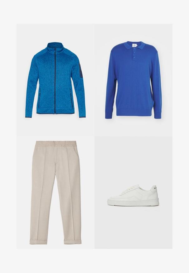 CMP Fleecejas - zaffiro/nero/blue; Blauwe polo trui met lange mouwen, een kraag, drie knopen sluiting en geribbelde manchetten en zoom. Gemaakt van een zachte gebreide stof.; Filippa K TERRY CROPPED TROUSERS - Broek - sage melange; Witte leren sneaker met een gladde afwerking, ronde neus, platte veters en een gestructureerde zool. Kenmerkt zich door een subtiel logo op de hiel.