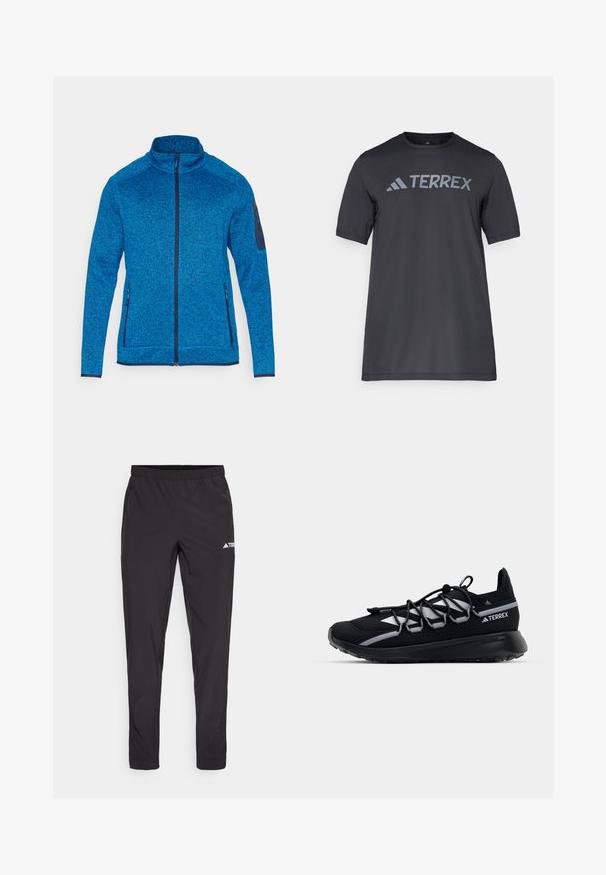 CMP Flísová bunda - zaffiro/nero/blue; Čierne tričko s krátkym rukávom vyrobené z ľahkého materiálu, s svetlo šedým logom "TERREX" na hrudi a klasickým výstrihom.; Čierne športové nohavice s elastickým pásom, dvoma bočnými zipsovými vreckami a logom na hornej pravej nohe. Hladká, ľahká tkanina.; Čierna športová obuv s vrchnou časťou z mäkkej sieťoviny, reflexné detaily, elastické šnúrky a textúrovaná gumová podrážka. Vyznačuje sa štíhlym dizajnom pre vysoký výkon.
