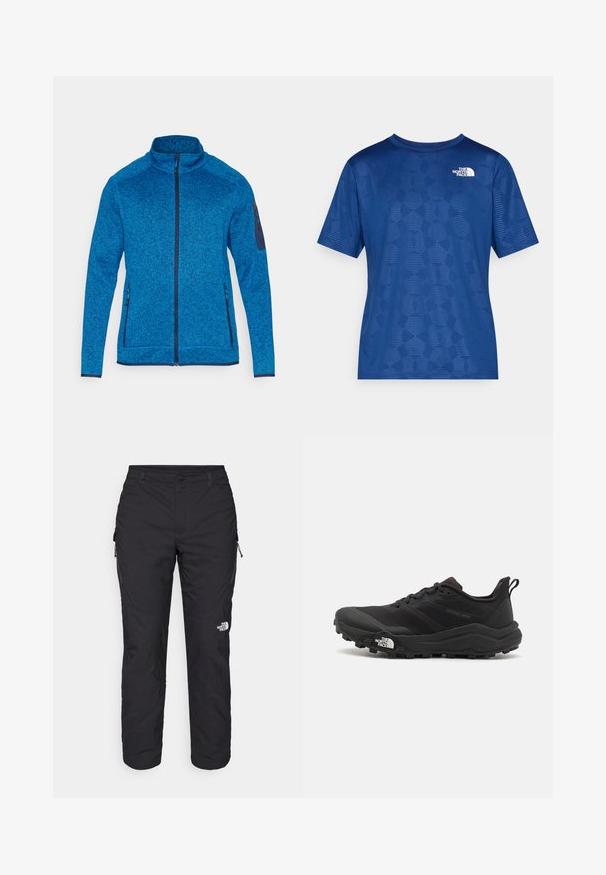 CMP Polárdzseki - zaffiro/nero/blue; Kék, rövid ujjú ing, textúrált geometrikus mintával és fehér logóval a bal felső részen. Könnyű, lélegző anyagból készült.; The North Face WINTER EXPLORATION TAPERED CARGO - Szabadtéri nadrágok - black; Fekete terepfutó cipő, textúrált felső résszel, gumitalppal és megerősített lábujjrészével. Párnázott bokarésszel és húzófüllel rendelkezik a könnyű felhúzáshoz.