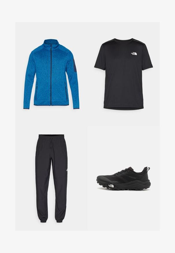 CMP Fleece jacket - zaffiro/nero/blue; Black short-sleeve T-shirt made from lightweight fabric. Features a small white logo on the left chest and subtle shoulder accents.; Black athletic pants made from lightweight fabric, featuring a drawstring waistband, side pockets, and tapered cuffs at the ankles.; Black trail running shoe with a textured upper, rubber sole, and reinforced toe cap. Features a padded collar and pull tab for easy wear.