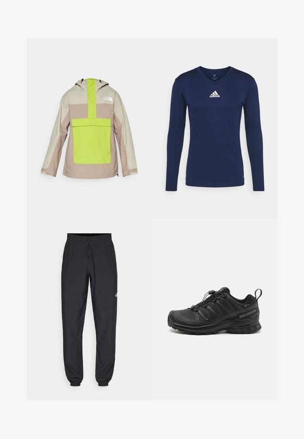 Lahka jakna s kapuco, z bež in svetlo zeleno barvano blokovno zasnovo. Vključuje sprednji žep in elastične manšete.; Mornarska dolg rokav športna majica iz strukturiranega materiala z V-izrezom in belim Adidasovim logotipom na prsih. Preprost dizajn, prilagojena oblika.; Črne atletske hlače iz lahkega materiala, ki imajo elastični pas z vezalko, stranske žepe in zožene manšete na gležnjih.; Črne športne čevlje z teksturiranim sintetičnim zgornjim delom, oblazinjenim podplatom in sistemom hitrega vezanja. Imajo ojačano konico in peto.